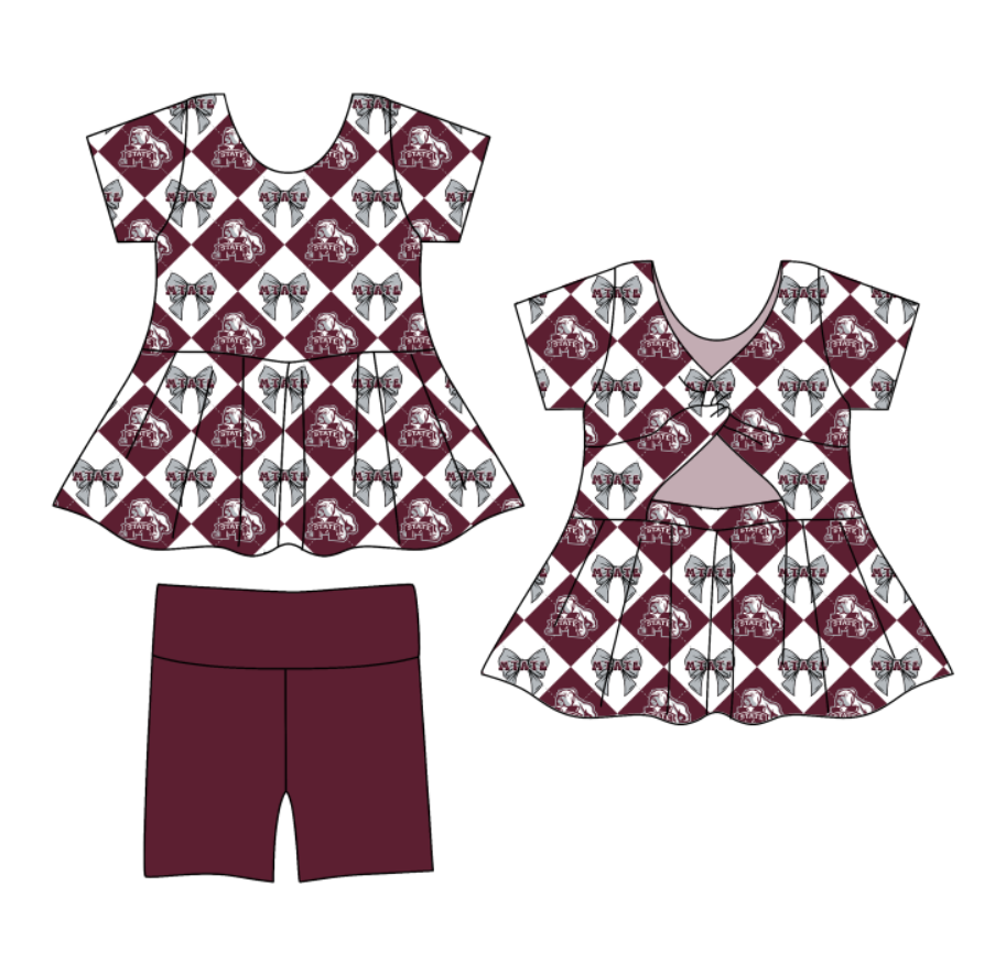 Custom moq 5 mix size Dark red Plaid Baby Girl's Short-Sleeved Shirt And Shorts Team Outfit Children's Clothing Set for Girls