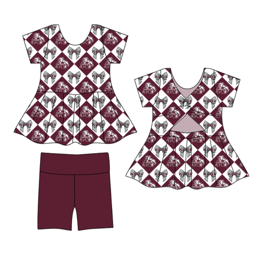 Custom moq 5 mix size Dark red Plaid Baby Girl's Short-Sleeved Shirt And Shorts Team Outfit Children's Clothing Set for Girls