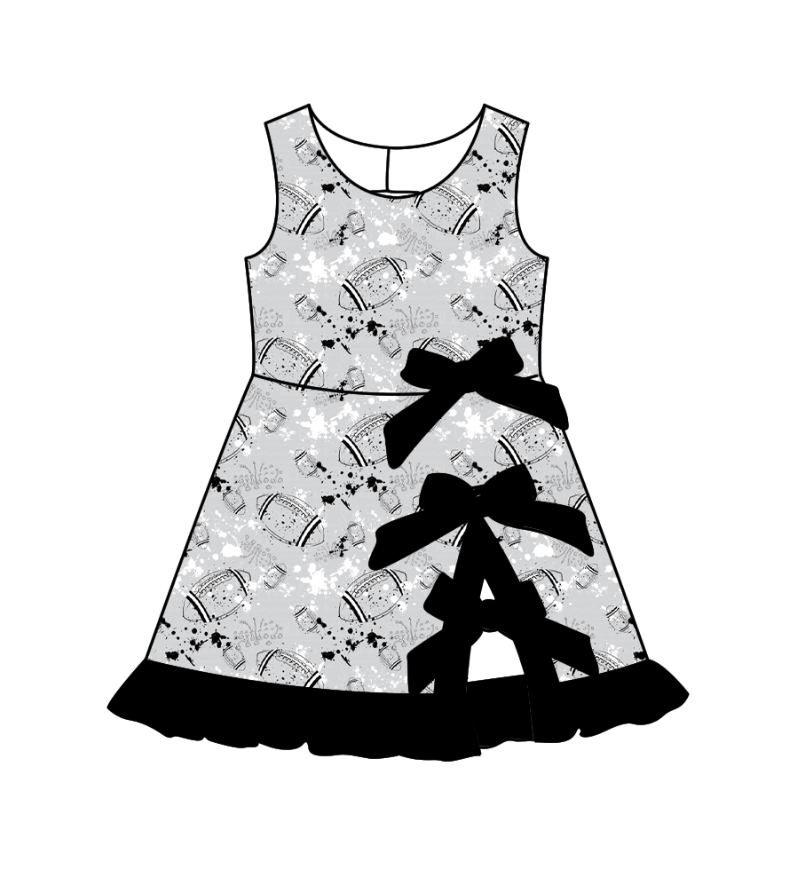 Custom moq 5 mix size milk silk summer teams Baby Girls Sleeveless Football Print Bow Ruffle Yoga Knee Length Dresses