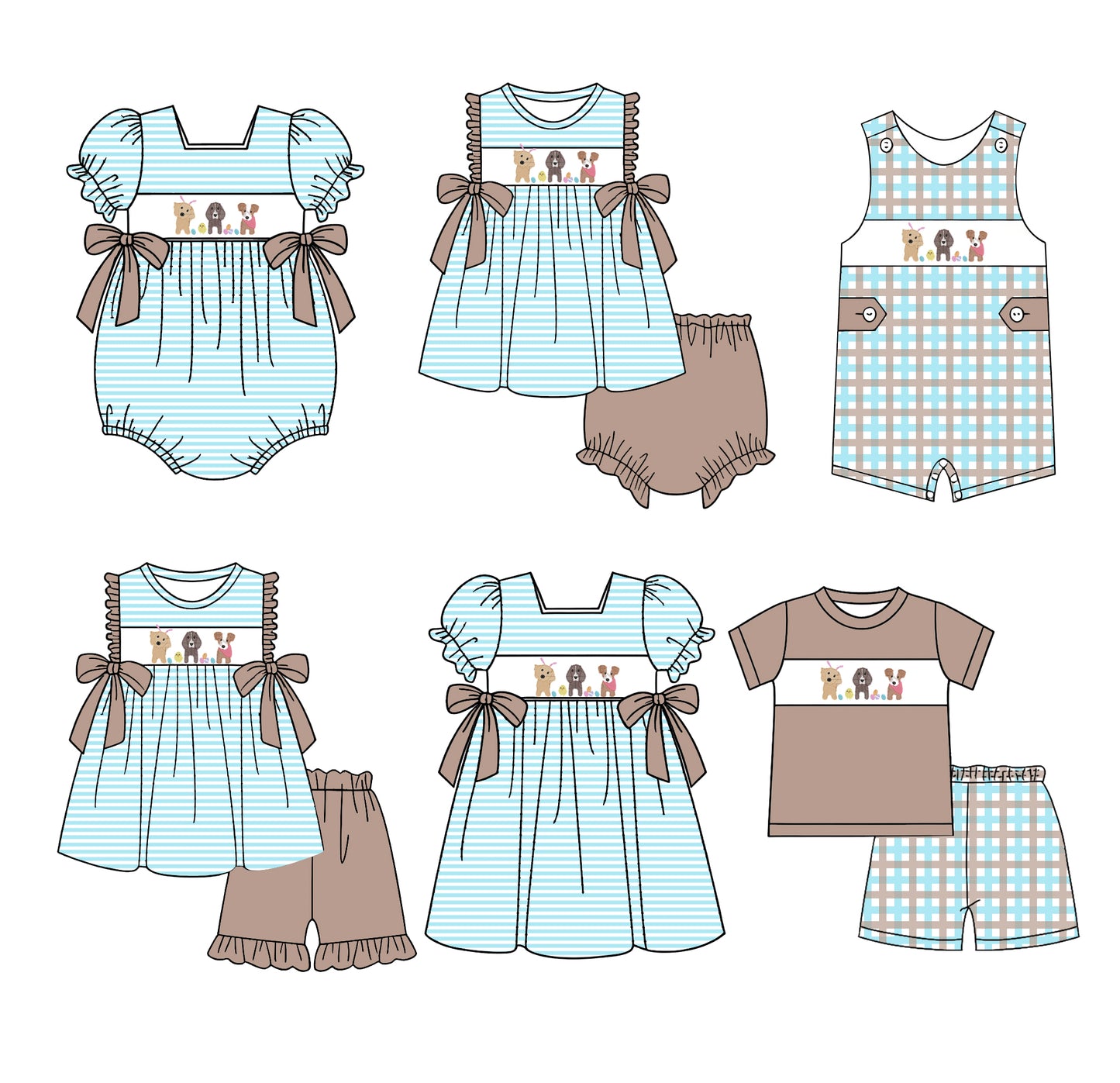 25.12.20 custom each style moq 5 eta 6-8week Sibling Sister puppy baby short sleeve shorts sets 2 and dress and brief sets and romper 2 match design