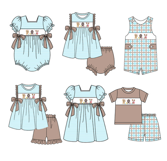25.12.20 custom each style moq 5 eta 6-8week Sibling Sister puppy baby short sleeve shorts sets 2 and dress and brief sets and romper 2 match design