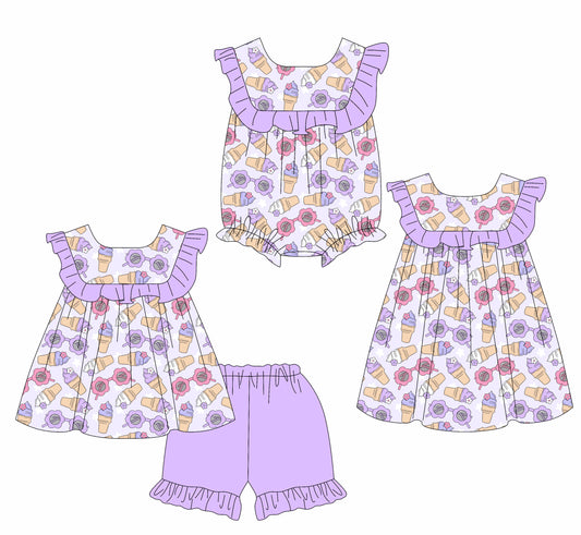 25.5.22 custom each style moq 5eta 4-6week Sibling Sisters ice cream purple baby girl short sleeve shorts sets and dress and rompers match family design