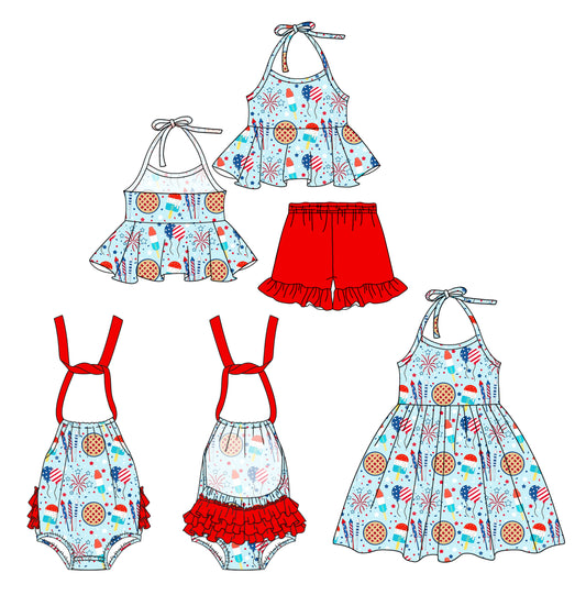 3.22 custom each style moq 5eta 4-6week Sibling Sisters firework baby girl short sleeve shorts sets and dress and rompers match family design