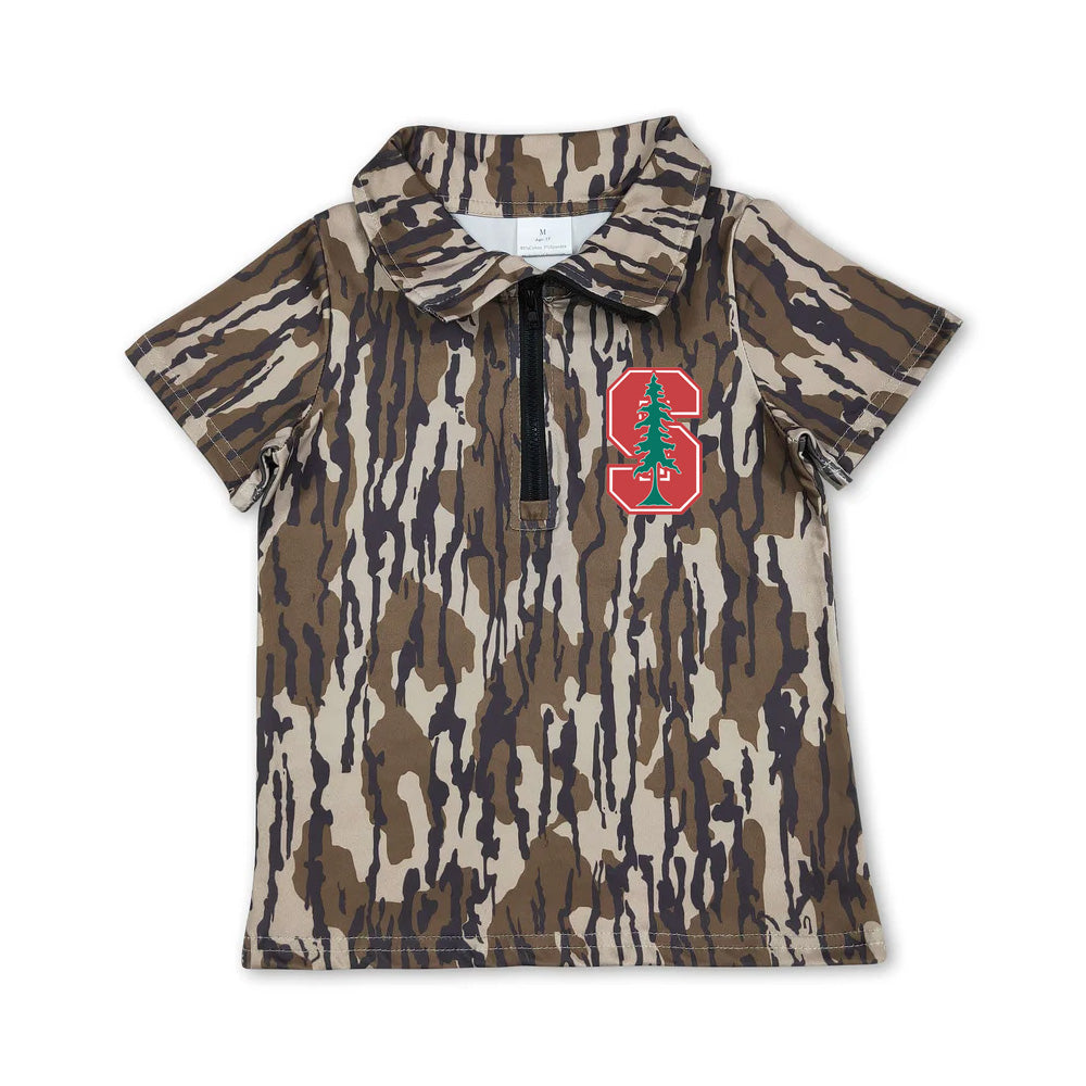 Custom moq 5 mix size milk silk summer teams Baby Boys Short Sleeve Olive Camo Zipper Pullovers Top