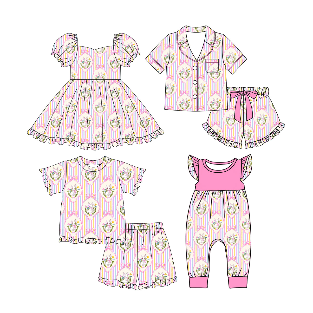 Custom moq 5 mix size Sibling Pink Bunny Print Easter Pajama Set for Baby Girls Dress Romper  Sleepwear for Little Ones