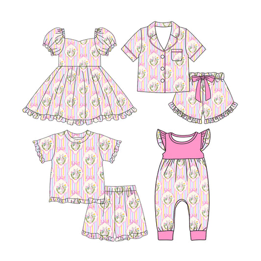 Custom moq 5 mix size Sibling Pink Bunny Print Easter Pajama Set for Baby Girls Dress Romper  Sleepwear for Little Ones