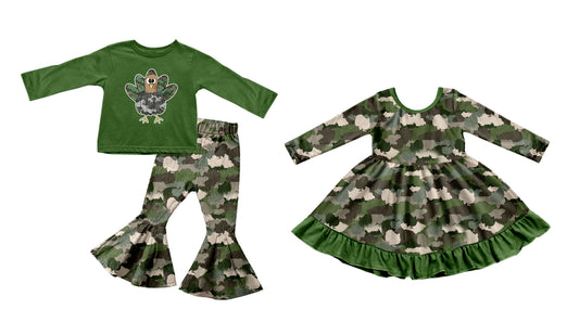 25.7.3 custom each style moq 5eta 4-6week Sibling Sisters turkey green baby girl long sleeve pants sets and dress match family design