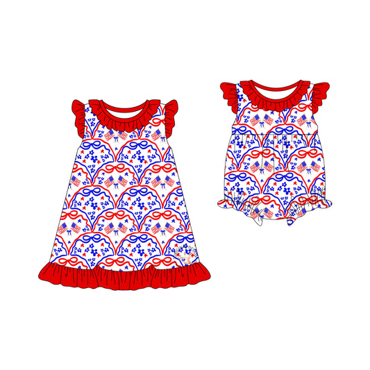 25.12.13 custom each style moq 5 eta 6-8week Sibling Sister flag bow baby short sleeve romper and dress match design