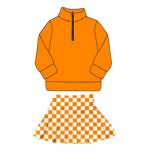 custom moq 5 mix size Baby Girls Orange Long Sleeve Zip Up Top Plaid Skirt Clothes Set