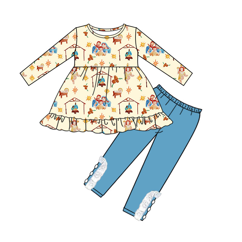 7.27 custom each style moq 5eta 4-6week baby girls clothes jesus beige long sleeve blue pants sets