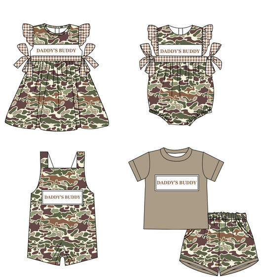 11.21 custom each style moq 5eta 4-6week Sibling Sister DADDY BUDDY camouflage baby boy short sleeve shorts sets and girls romper and boy romper and dress match design