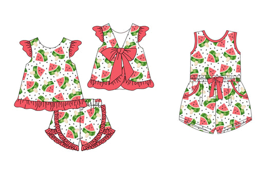 12.26 custom each style moq 5eta 4-6week Sibling Siste watermelon baby girl sets and jumpsuit match family design
