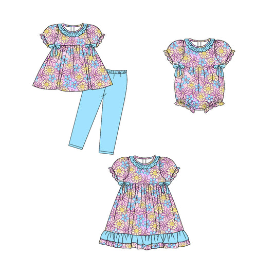 5.6 custom each style moq 5eta 4-6week Sibling Sisters floral bow baby girl short sleeve pants sets and dress and rompers match family design