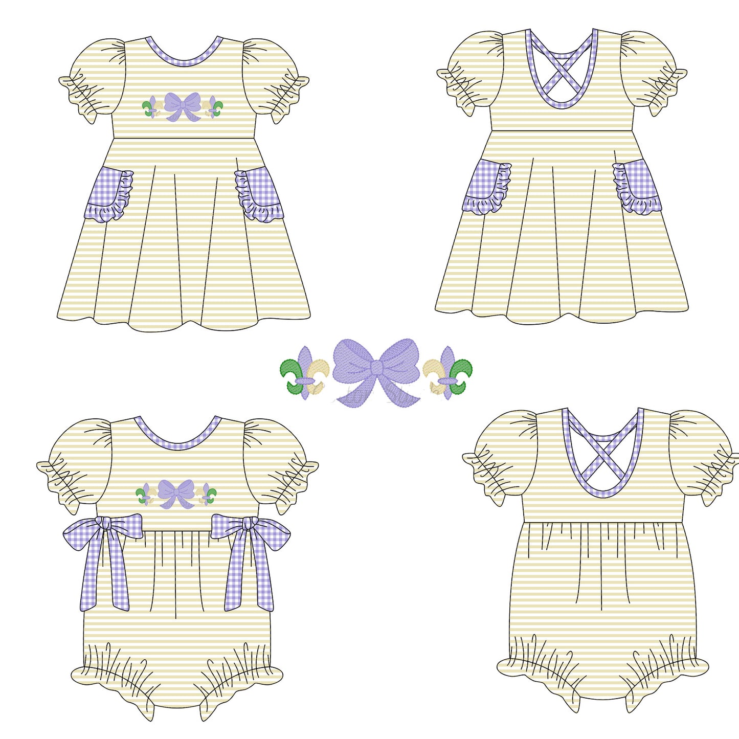 25.10.3 custom each style moq 8 eta 6-8week Sibling Sisters mardi gras bow baby girl short sleeve dress and romper match family design