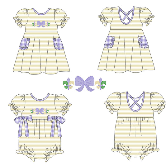 25.10.3 custom each style moq 8 eta 6-8week Sibling Sisters mardi gras bow baby girl short sleeve dress and romper match family design