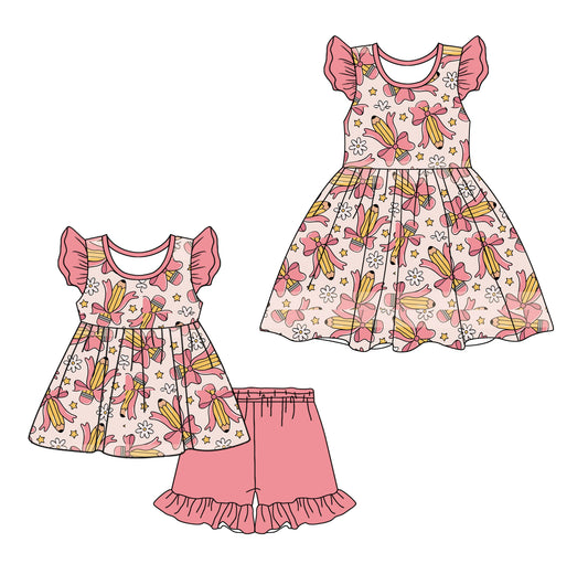 4.14 custom each style moq 5eta 4-6week Sibling Sister pencil bow baby girl short sleeve shorts sets and dresses match design