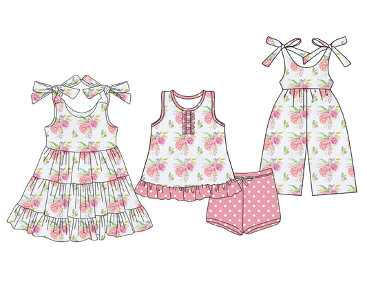 3.14 custom each style moq 5eta 4-6week Sibling Sister floral baby girl short sleeve shorts sets and dresses and jumpsuit match design