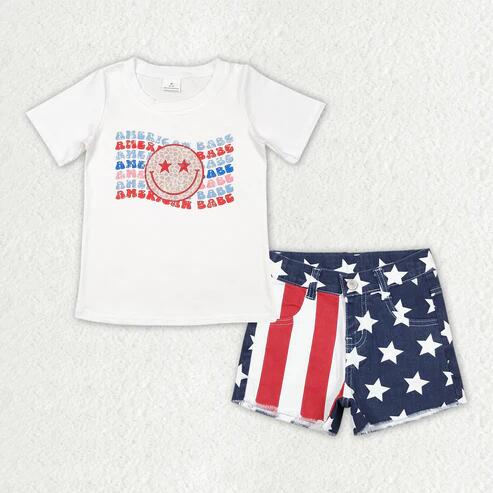 RTS NO MOQ Sibling Baby Girls 4th of July Outfit Set Top with Denim Pockets Shorts Clothing