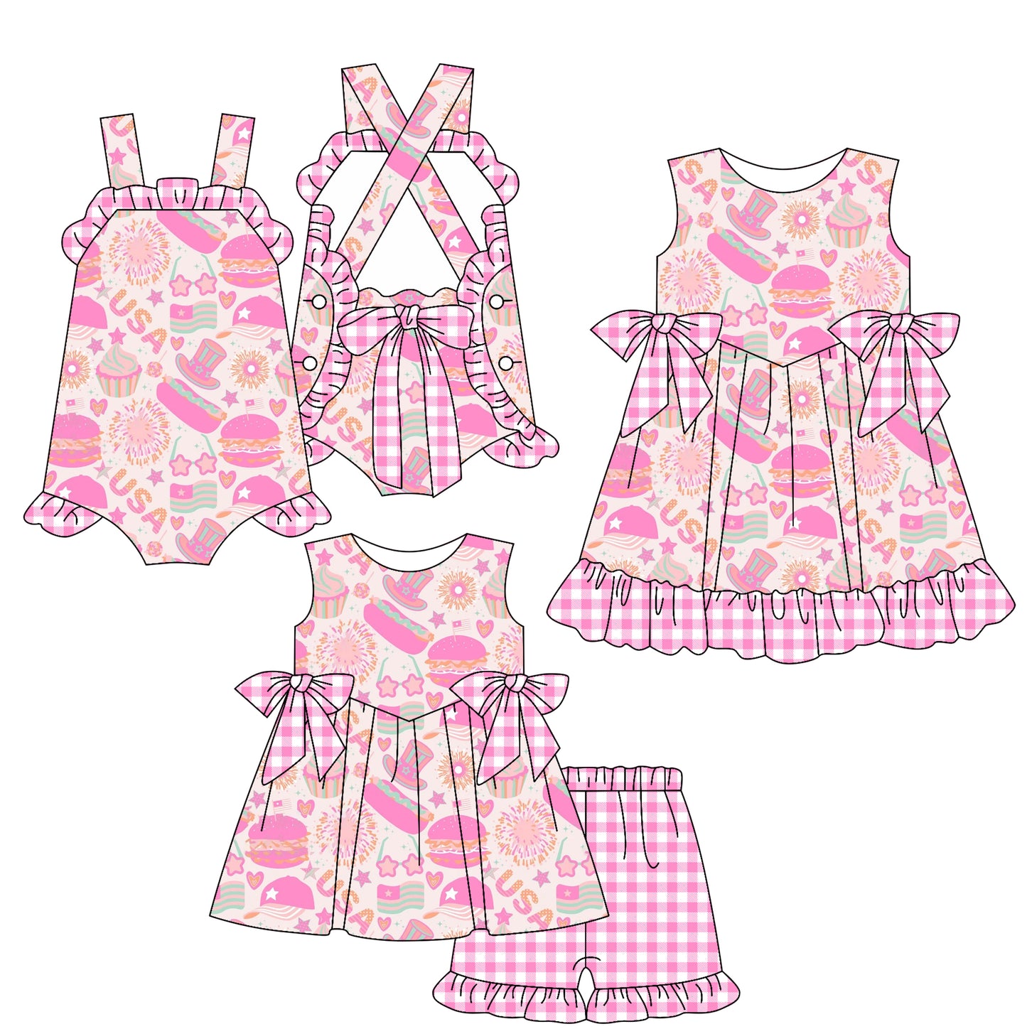 4.4 custom each style moq 5eta 4-6week Sibling Sisters USA baby girl short sleeve shorts sets and dress and rompers match family design