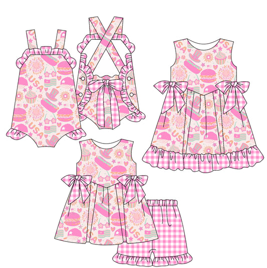 4.4 custom each style moq 5eta 4-6week Sibling Sisters USA baby girl short sleeve shorts sets and dress and rompers match family design