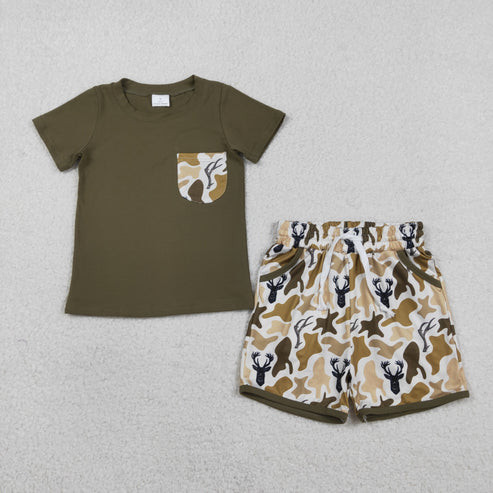 RTS NO MOQ Sibling Baby Boys Camo Shirt Top with Pockets Short Set Strap Rompers Hunting Clothes Deer Print Baby Boy Outfit