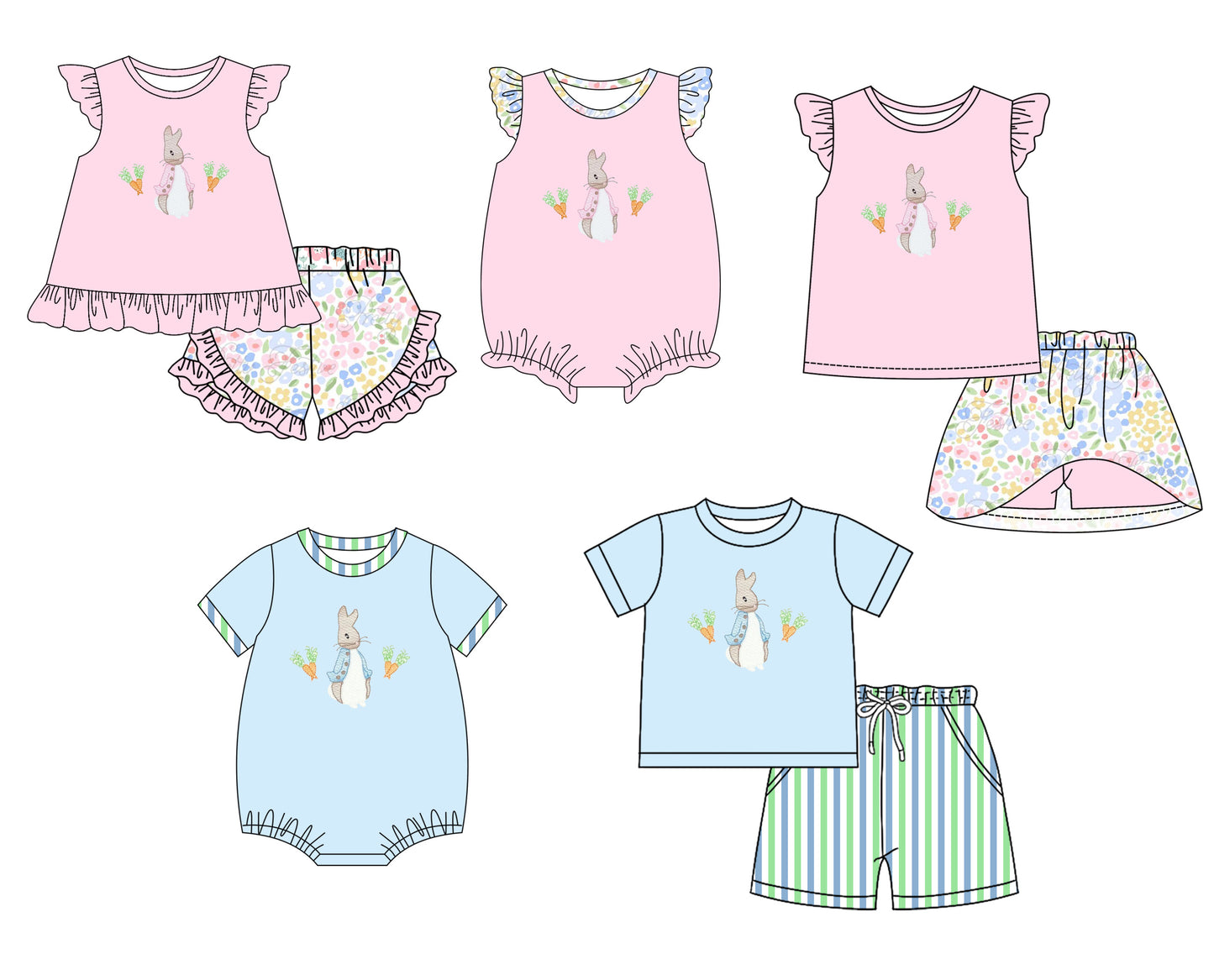 11.30 custom each style moq 5eta 4-6week Sibling Sister easter baby girl short sleeve shorts sets and sets 2 and girls romper and boy romper and dress match design