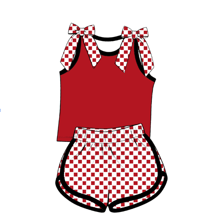 custom moq 5 mix size Baby Girls Checked Bow Sleeveless Top Shorts Summer Outfit Sets