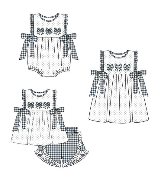 12.19 custom each style moq 5eta 4-6week Sibling Sister bow baby girl short sleeve shorts sets and dress and rompers match family design
