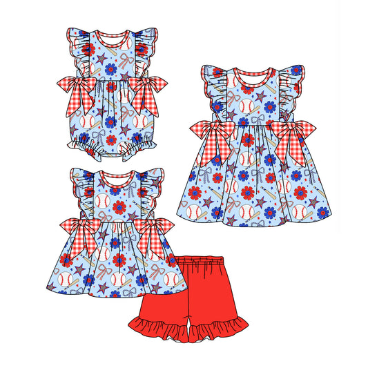 4.1 custom each style moq 5eta 4-6week Sibling Sisters bow baseball baby girl short sleeve shorts sets and dress and rompers match family design