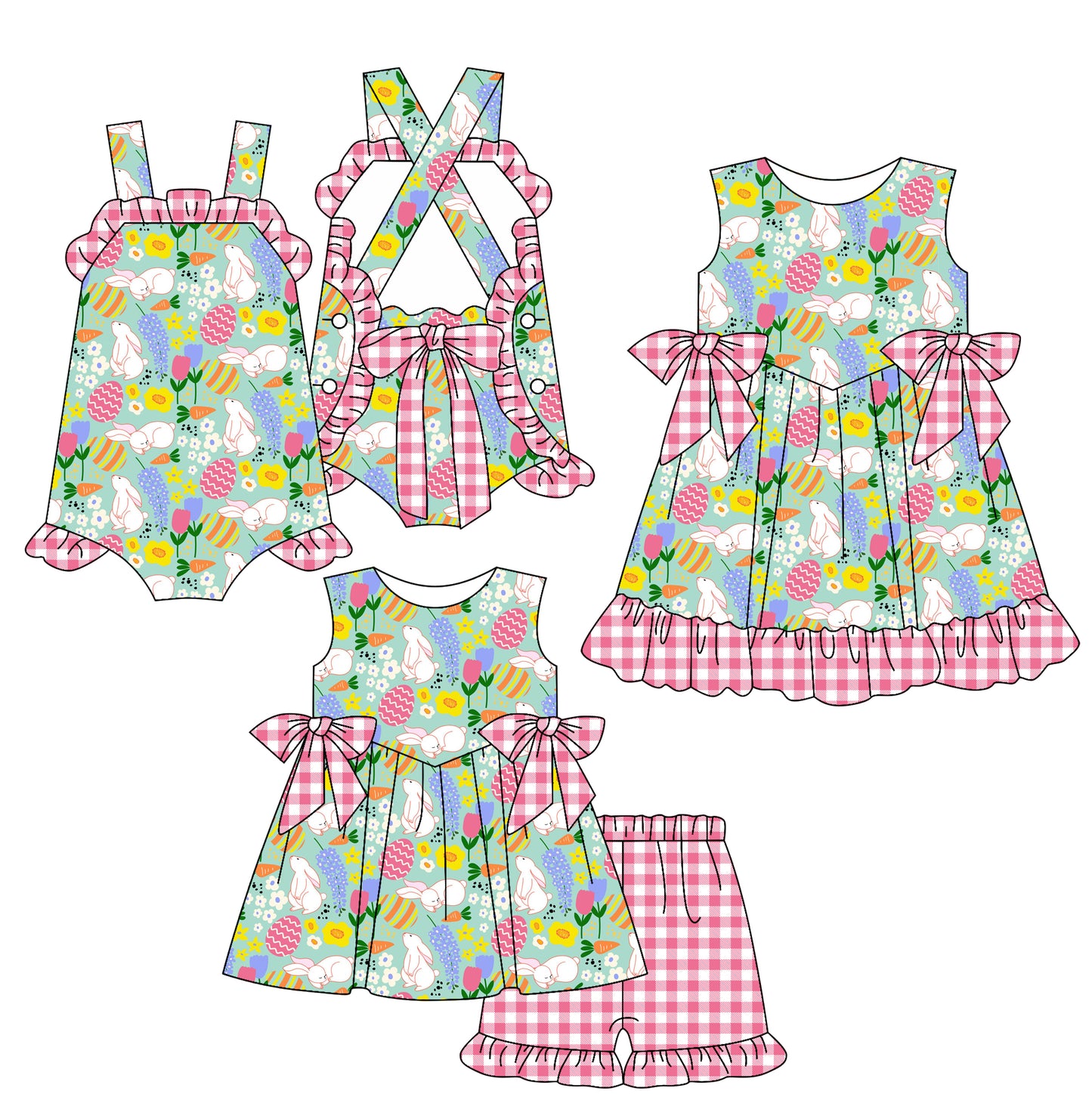 26.1.12 custom each style moq 5 eta 6-8week Sibling Sister bunny floral baby short sleeve shorts sets and romper and dress match design