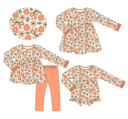 25.6.18 custom each style moq 5eta 4-6week Sibling Sisters pumpkin bow floral baby girl long sleeve pants sets and dress and rompers match family design
