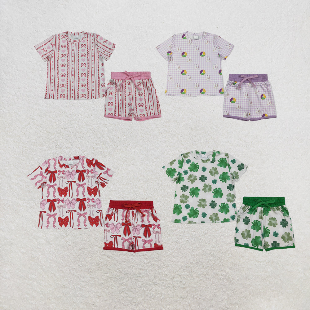 RTS NO MOQ Sibling Baby Girls Bows Hearts Stripe Top Pockets Shorts Valentines Clothes Sets