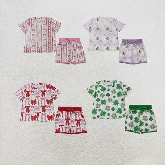 RTS NO MOQ Sibling Baby Girls Bows Hearts Stripe Top Pockets Shorts Valentines Clothes Sets