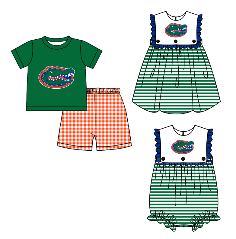 Custom moq 5 mix size milk silk summer teams Boy's green Short-Sleeved Top And Shorts Set Girl's Sleeveless Striped Dress And Romper