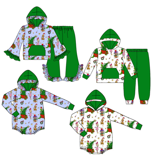 25.7.30 custom each style moq 5 eta 4-6week Sibling Sisters Christmas green baby girl long sleeve pants sets 1 and sets 2 and romper 1 and romper 2 match family design