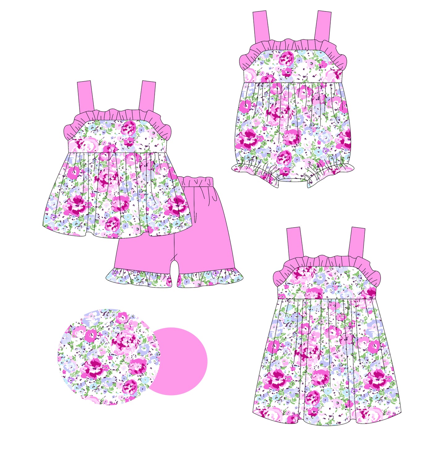 2.28 custom each style moq 5eta 4-6week Sibling Sister floral baby girl short sleeve shorts sets and dress and rompers match family design