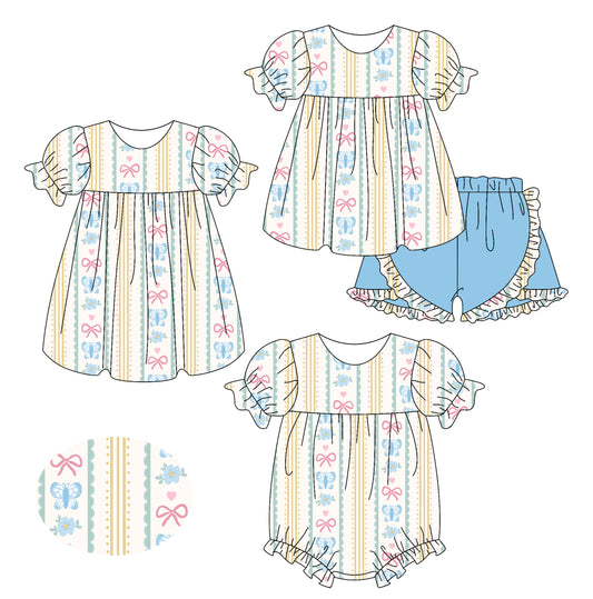 2.15 custom each style moq 5eta 4-6week Sibling Sisters bow baby girl short sleeve shorts sets and dress and rompers match family design