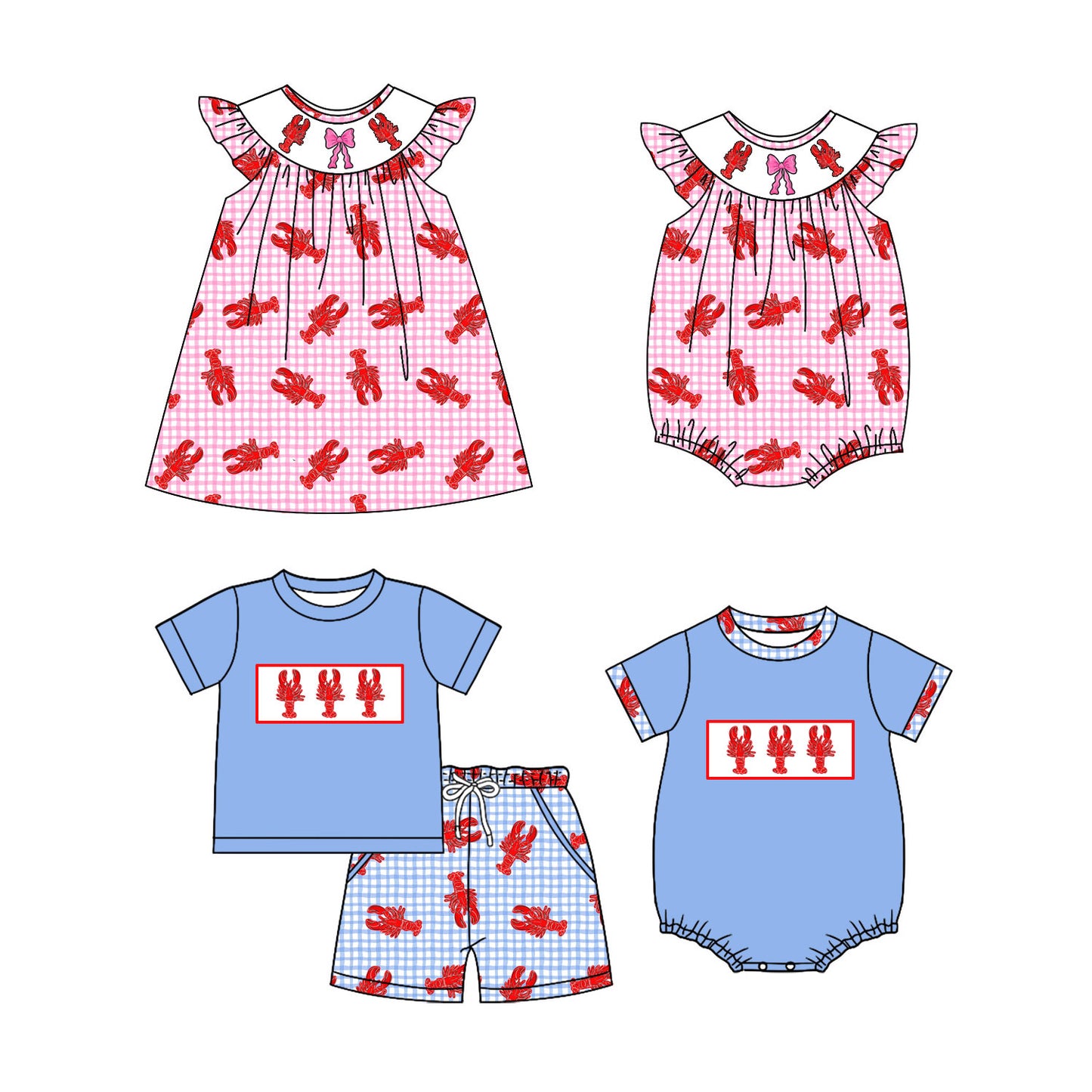 25.11.3 custom each style moq 5 eta 6-8week Sibling Sister crayfish bow baby short sleeve shorts sets and dress and romper 2 match design