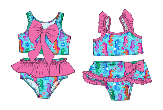 3.14 Custom moq 5 mix size Sibling Baby Girls Pink Sleeveless Blue Top With Bow Bummies Two-Piece Set Infant Swimwear