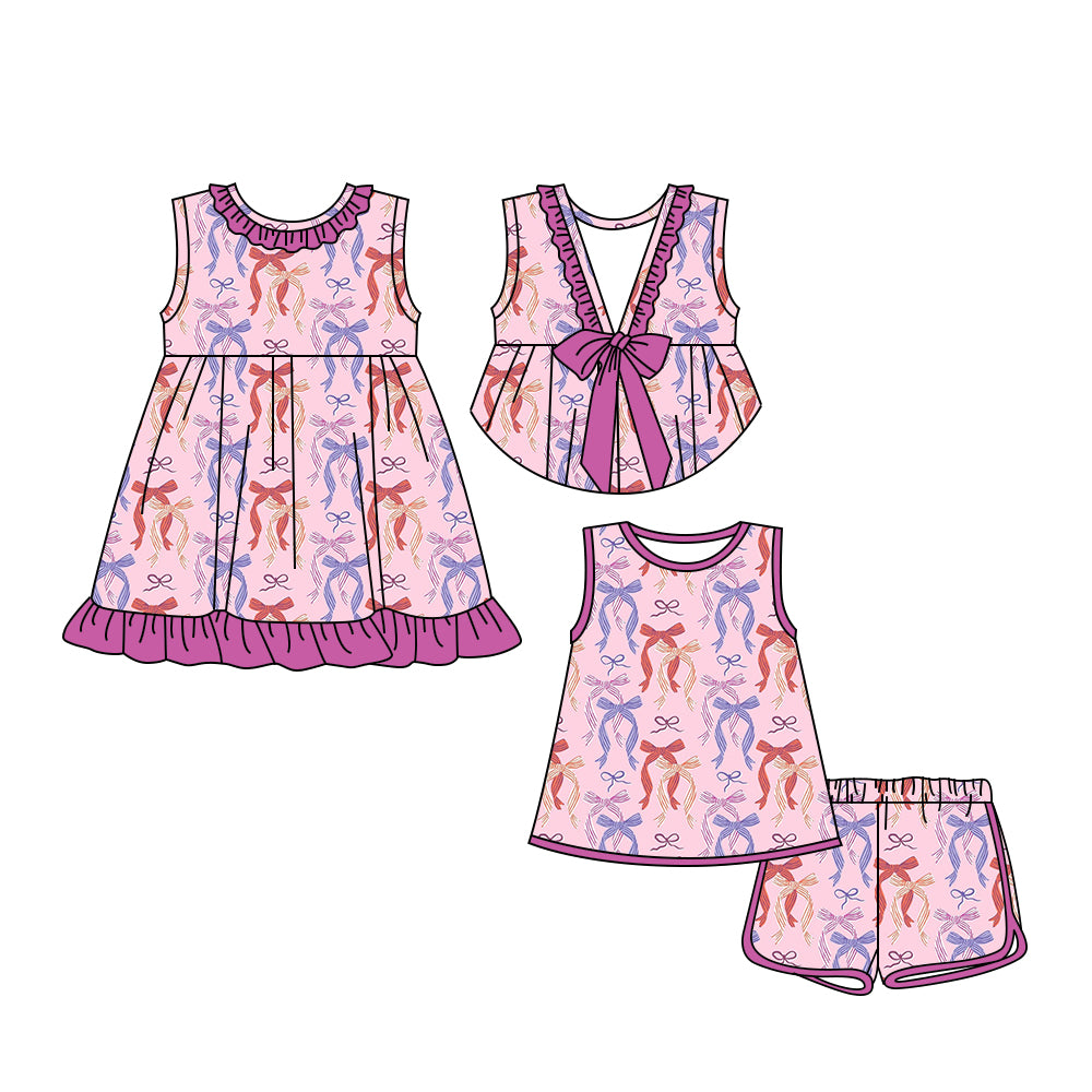 3.18 custom each style moq 5eta 4-6week Sibling Sister bow baby girl short sleeve shorts sets and dresses match design