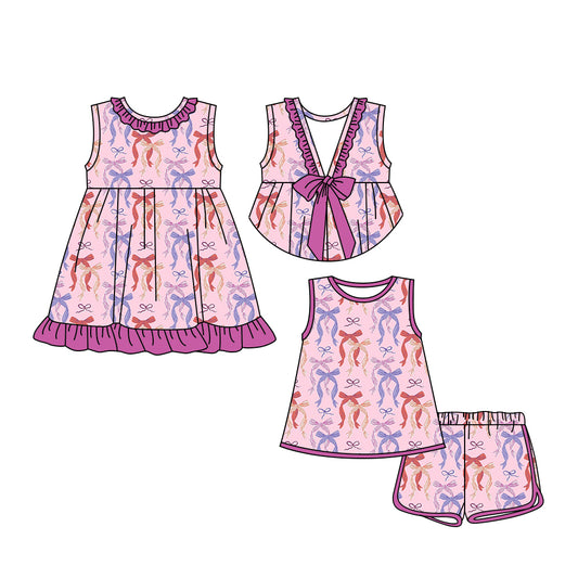 3.18 custom each style moq 5eta 4-6week Sibling Sister bow baby girl short sleeve shorts sets and dresses match design