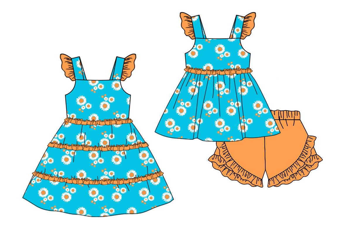 11.9 custom each style moq 5eta 4-6week Sibling Sister sunflower baby girl short sleeve shorts sets and dresses match design
