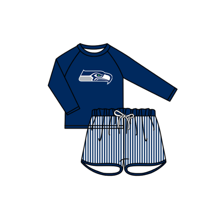 Custom moq 5 mix size milk silk summer teams baby girl boys clothes Navy Blue Two-Piece Swimsuit Set One Piece Swimsuits boy swim trunks