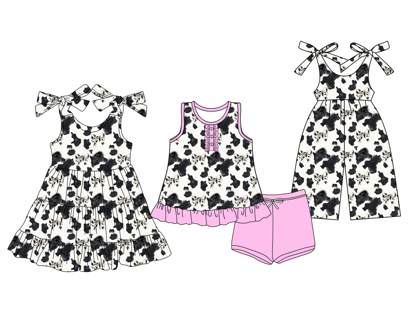 3.13 custom each style moq 5eta 4-6week Sibling Sister cow pattern baby girl short sleeve shorts sets and dresses and jumpsuit match design
