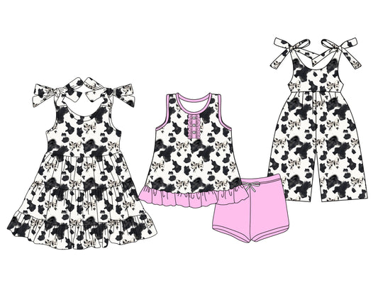 3.13 custom each style moq 5eta 4-6week Sibling Sister cow pattern baby girl short sleeve shorts sets and dresses and jumpsuit match design