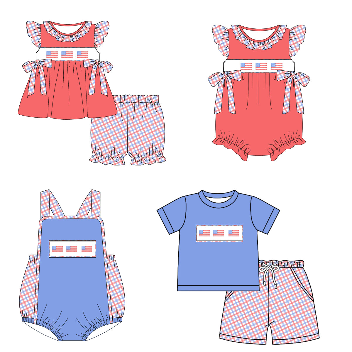 12.27 custom each style moq 5eta 4-6week Sibling Sister 4th of july baby girl short sleeve shorts sets and sets 2 and girls romper and boy romper match design