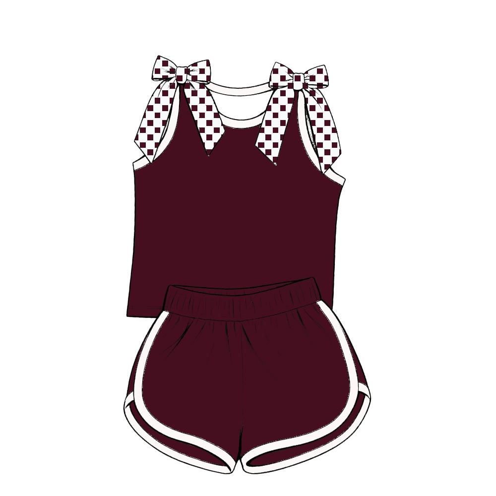 custom moq 5 mix size Baby Girls Maroon Bow Sleeveless Top Shorts Summer Casual Clothes Set