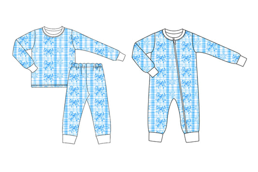 25.6.12 custom each style moq 5eta 4-6week Sibling Sisters bow blue baby boy long sleeve pants sets and rompers match family design