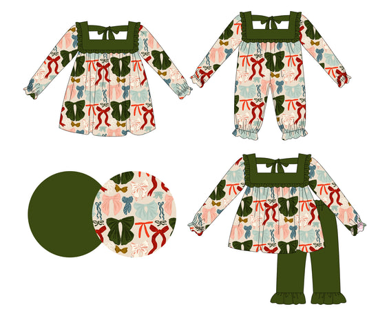 25.5.14 custom each style moq 5eta 4-6week Sibling Sisters bow baby girl long sleeve pants sets and dress and rompers match family design