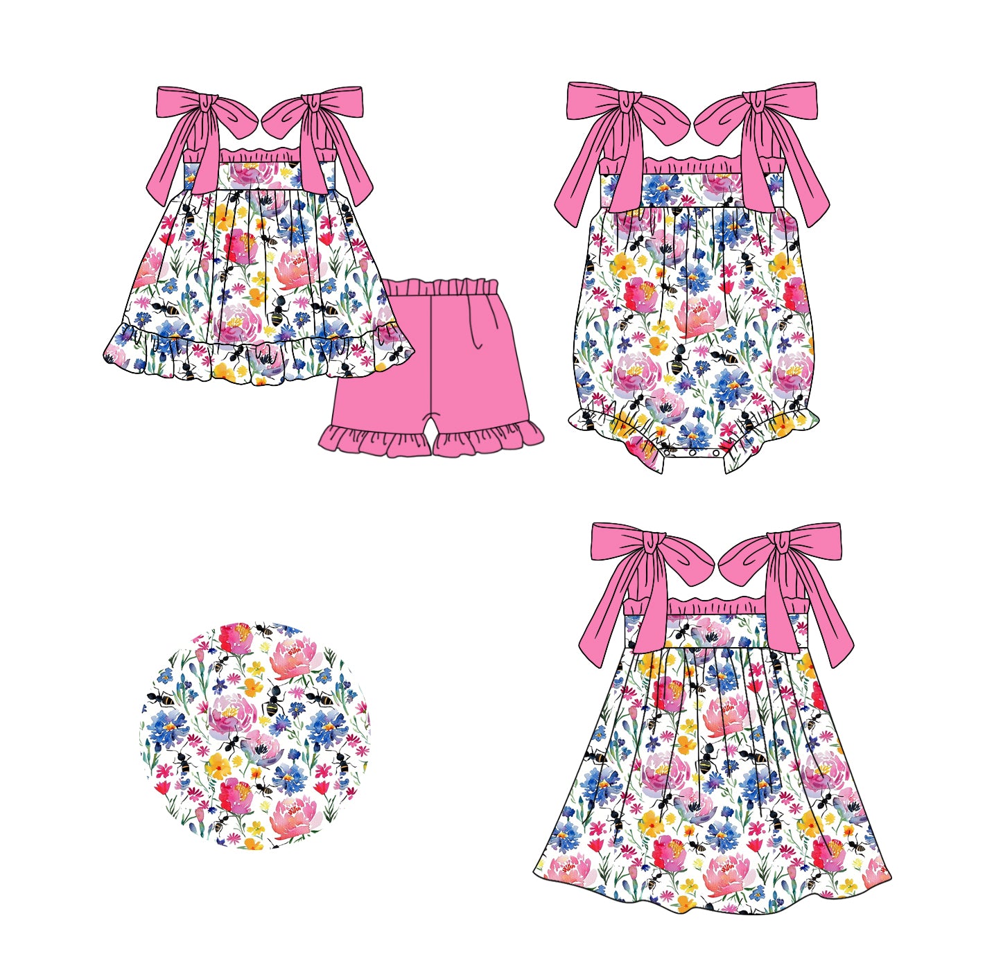 11.15 custom each style moq 5eta 4-6week Sibling Sister floral baby girl short sleeve shorts sets and dress and rompers match family design